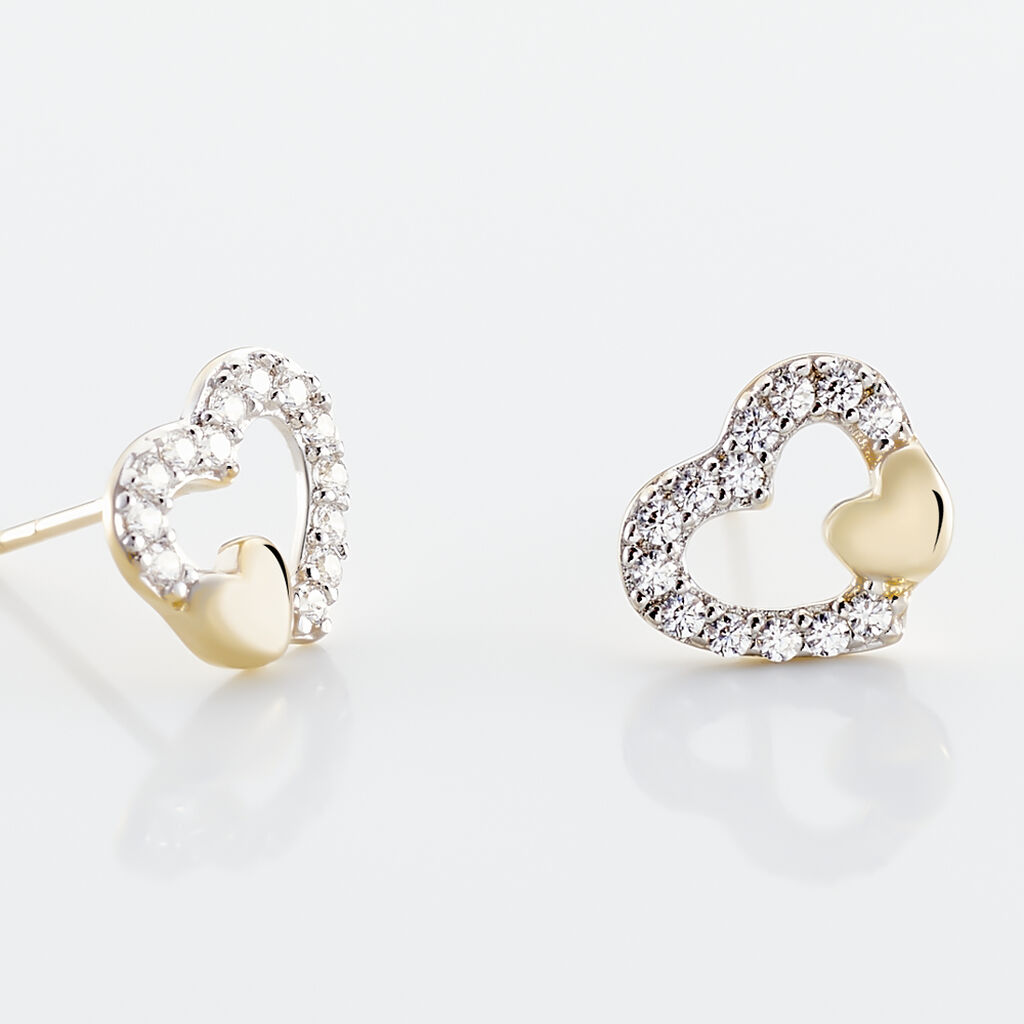 Boucles D'oreilles Puces Daria Double Coeurs Or Jaune Oxyde - Boucles d'Oreilles Coeur Femme | Histoire d’Or