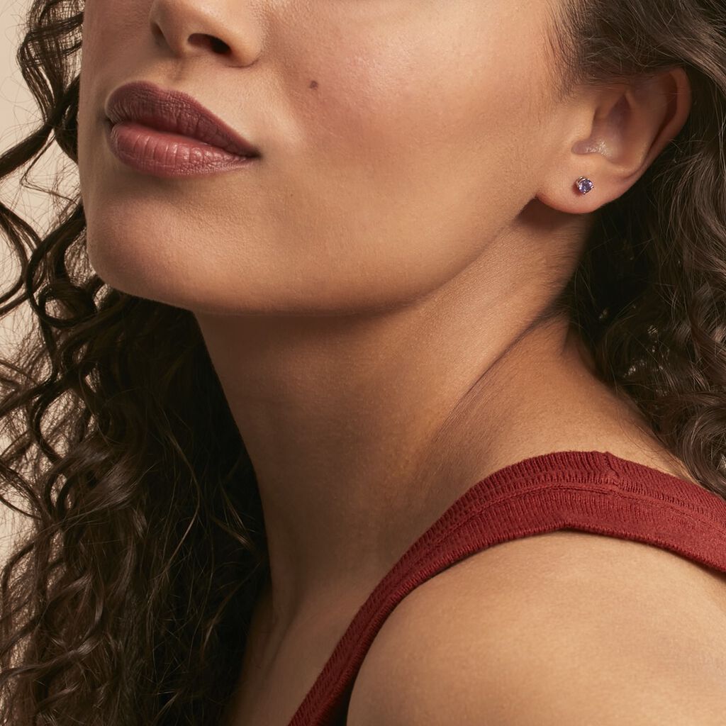 Boucles D'oreilles Puces Elea Serti Griffes 3 Or Blanc Amethyste - Clous d'oreilles Femme | Histoire d’Or