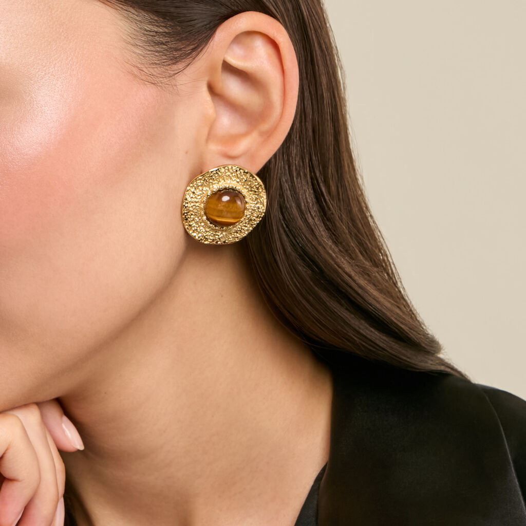Boucles D'Oreilles Puces Avanie Acier Jaune Oeil De Tigre - Boucles d'oreilles empierr&eacute;es Femme | Histoire d&rsquo;Or
