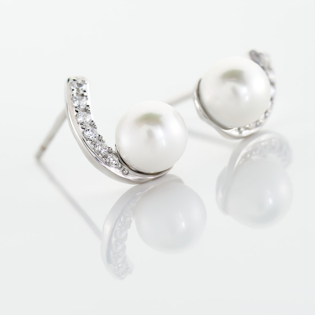 Boucles D'oreilles Angel Or Blanc Perle De Culture Oxyde Oxyde - Clous d'oreilles Femme | Histoire d’Or