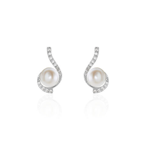 Boucles D'oreilles Puces Cassiopea Or Blanc Oxyde Et Perle De Culture - Clous d'oreilles Femme | Histoire d’Or