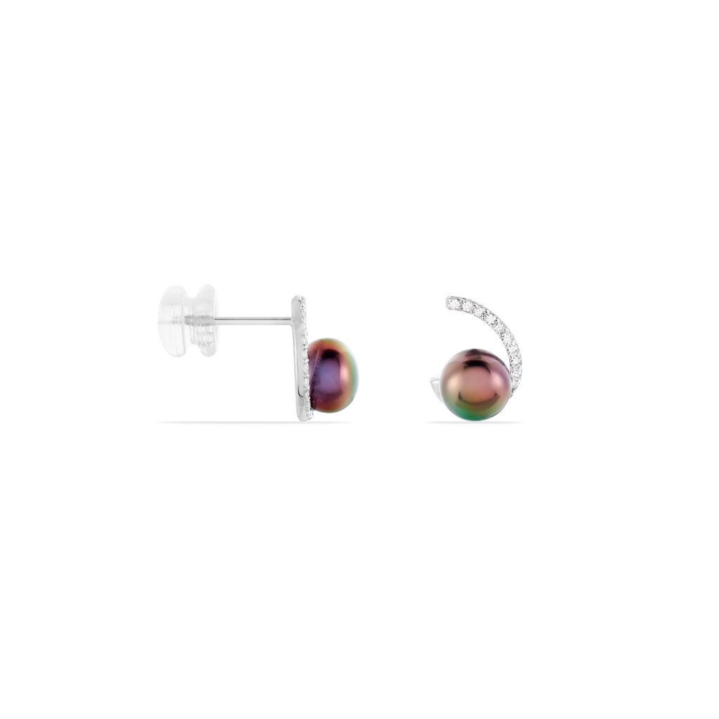 Boucles D'oreilles Puces Anais Or Blanc Perle De Culture Et Oxyde - Clous d'oreilles Femme | Histoire d’Or