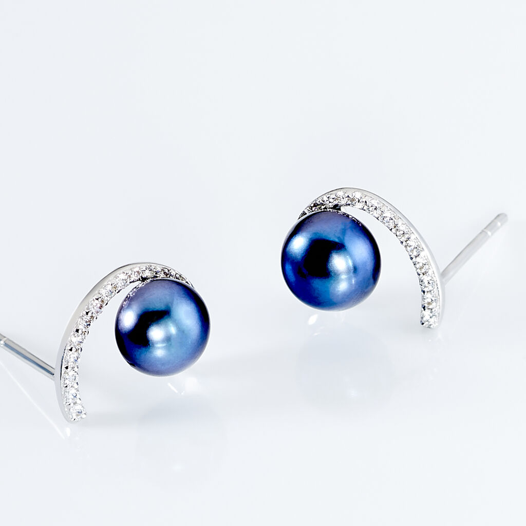 Boucles D'oreilles Puces Anais Or Blanc Perle De Culture Et Oxyde - Clous d'oreilles Femme | Histoire d’Or