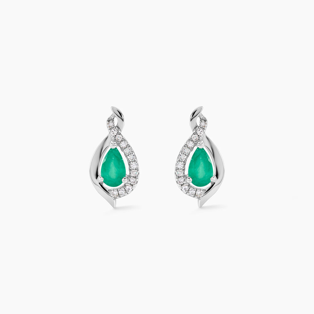 Boucles D'oreilles Puces Angelika Or Blanc Emeraude Et Diamant - Clous d'oreilles Femme | Histoire d’Or