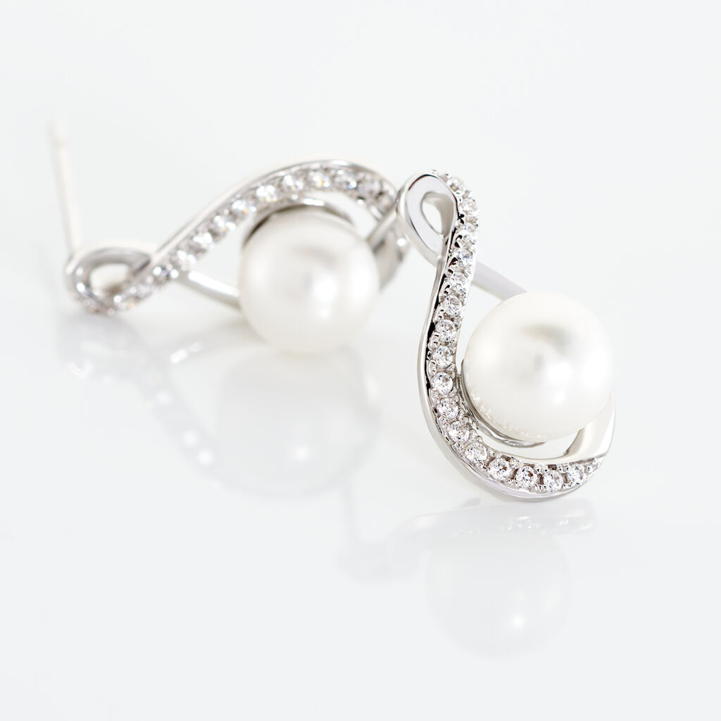 Boucles D'oreilles Davy Or Blanc Perle De Culture Oxyde - Clous d'oreilles Femme | Histoire d’Or