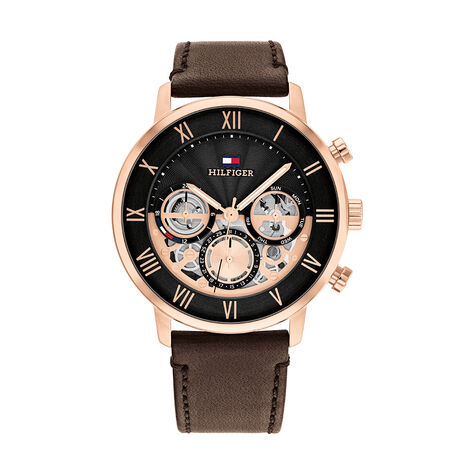 Tommy Hilfiger Coffret cadeau montre et bijoux pour homme, boîtier en acier  inoxydable avec bracelet double tour en cuir marron, marron, brun, Sangle