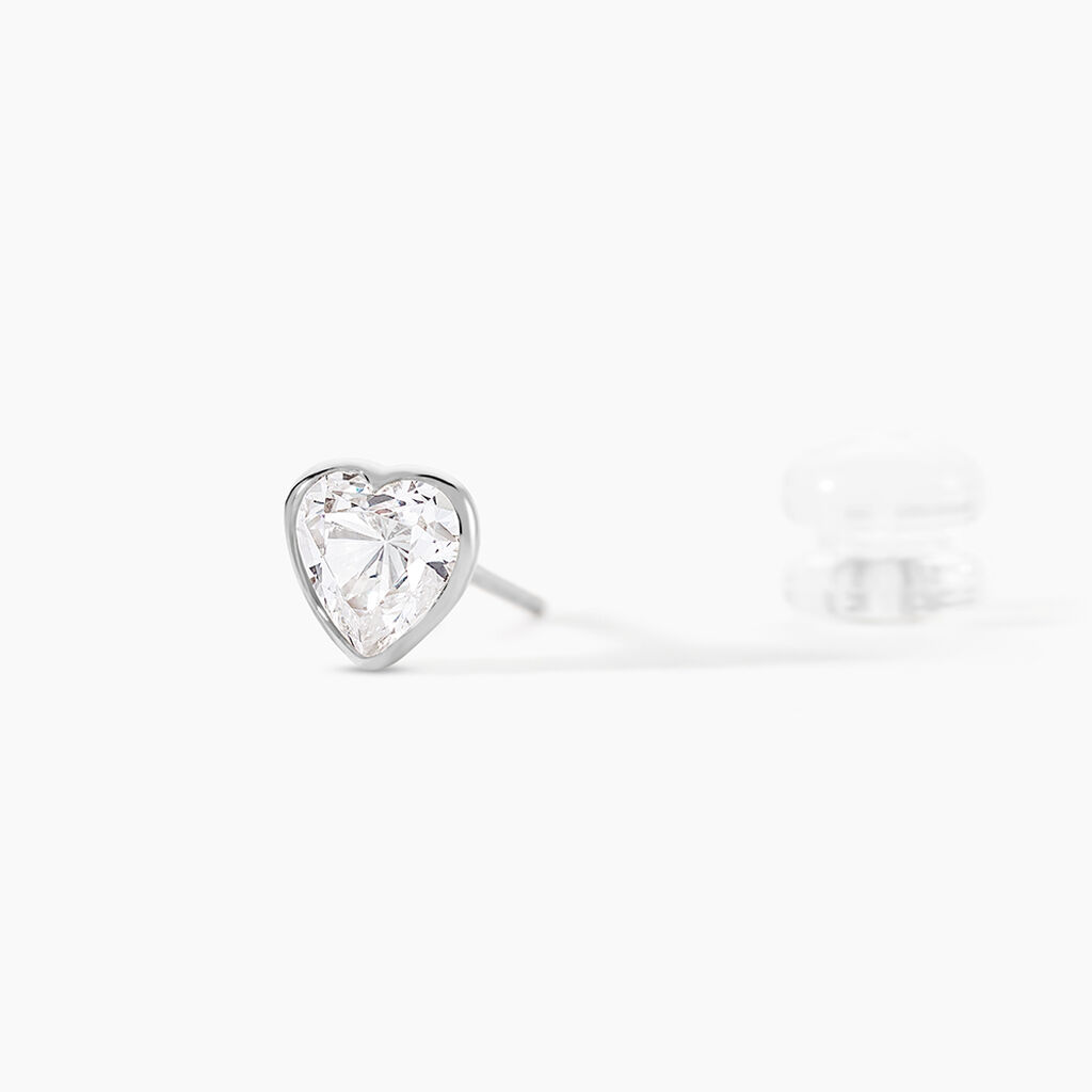 Boucles D'oreilles Puces Coeur Serti Clos Or Blanc Oxyde De Zirconium - Clous d'oreilles Femme | Histoire d&rsquo;Or