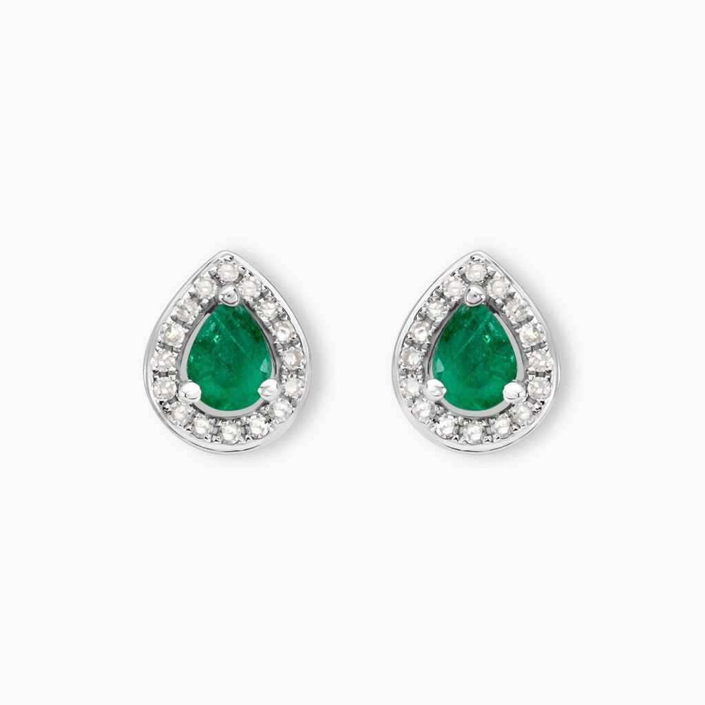 Boucles D'oreilles Puces Elheme Or Blanc Emeraude Et Diamant - Clous d'oreilles Femme | Histoire d&rsquo;Or