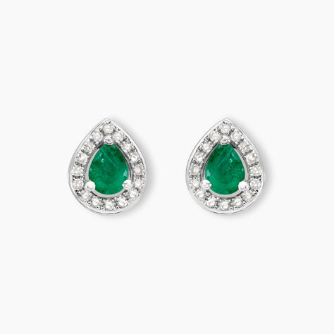 Boucles D'oreilles Puces Elheme Or Blanc Emeraude Et Diamant - Clous d'oreilles Femme | Histoire d&rsquo;Or