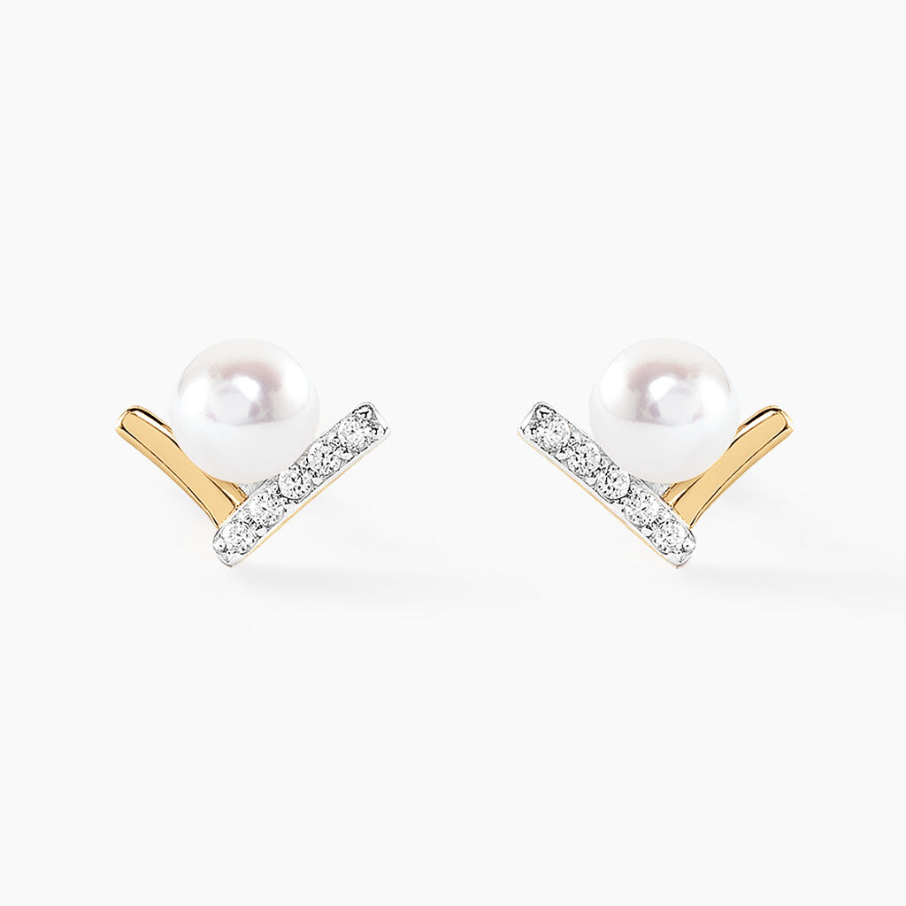 Boucles D'oreilles Puces Aric Or Jaune Perle De Culture Oxyde - Clous d'oreilles Femme | Histoire d’Or