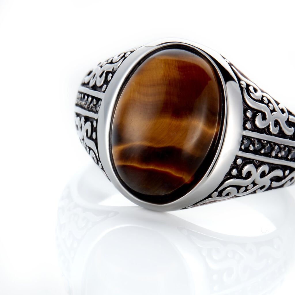 Chevali&egrave;re Acier Vieilli Keegan &oelig;il De Tigre - Bagues solitaires Homme | Histoire d&rsquo;Or