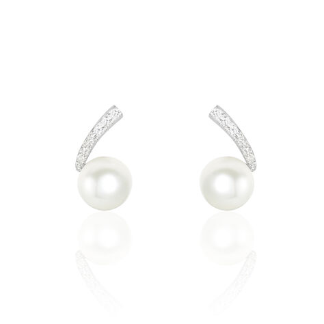 Boucles D'oreilles Puces Angel Or Blanc Perle De Culture Et Diamant - Clous d'oreilles Femme | Histoire d’Or