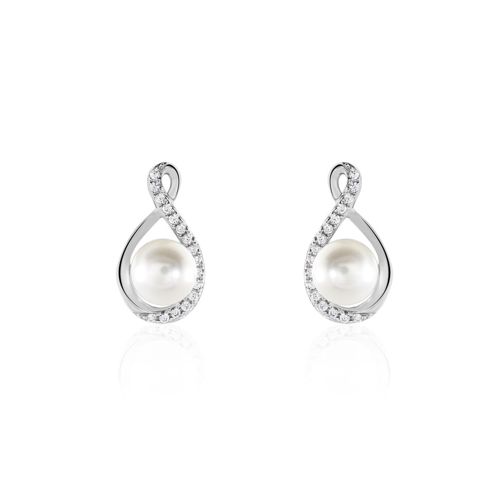 Boucles D'oreilles Davy Or Blanc Perle De Culture Oxyde - Clous d'oreilles Femme | Histoire d’Or