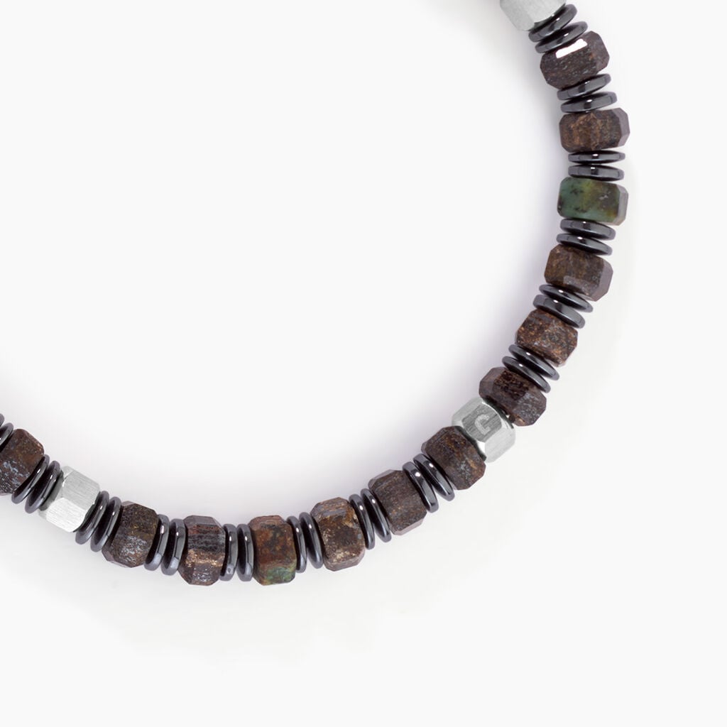 Bracelet Naturel Acier Argent&eacute; Bronzite Turquoise H&eacute;matite - Bracelets Pierre Homme | Histoire d&rsquo;Or