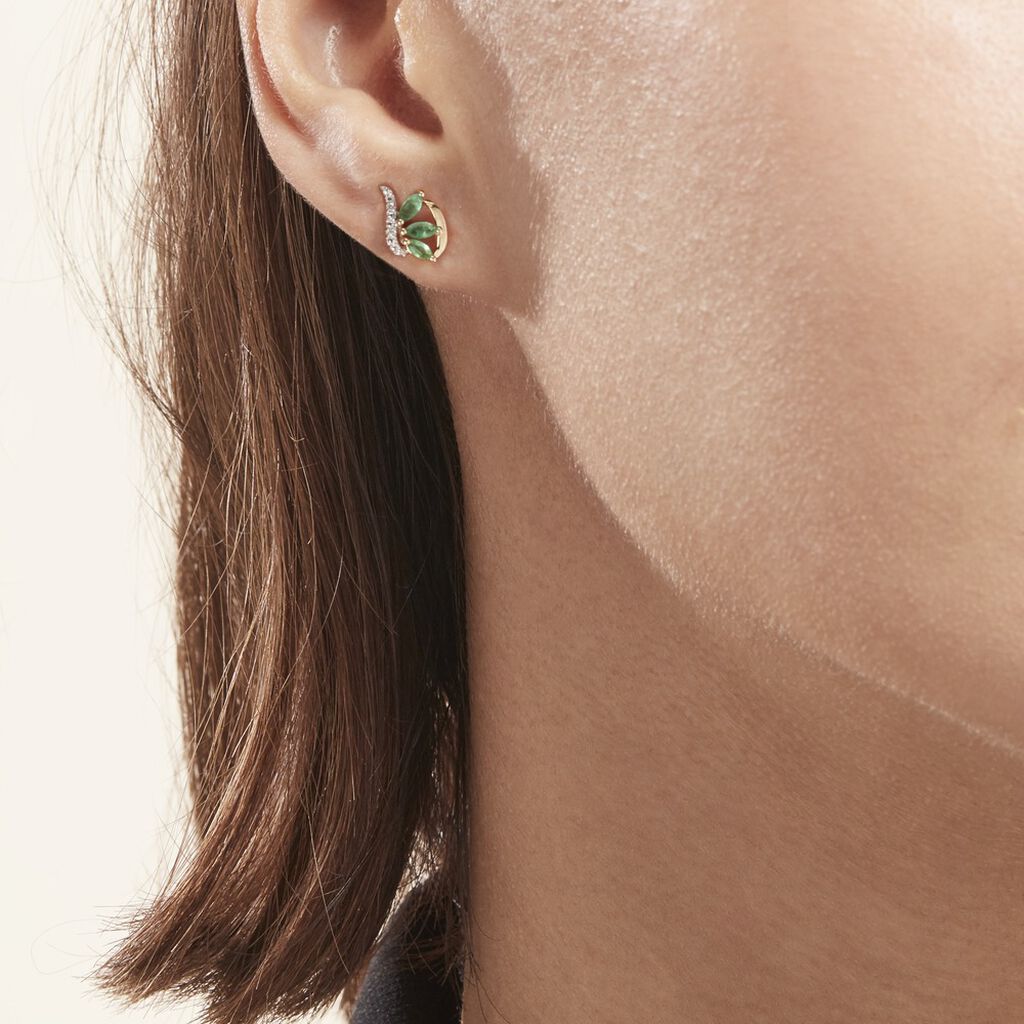 Boucles D'oreilles Puces Or Bicolore Caetlin Emeraude Diamant - Clous d'oreilles Femme | Histoire d’Or