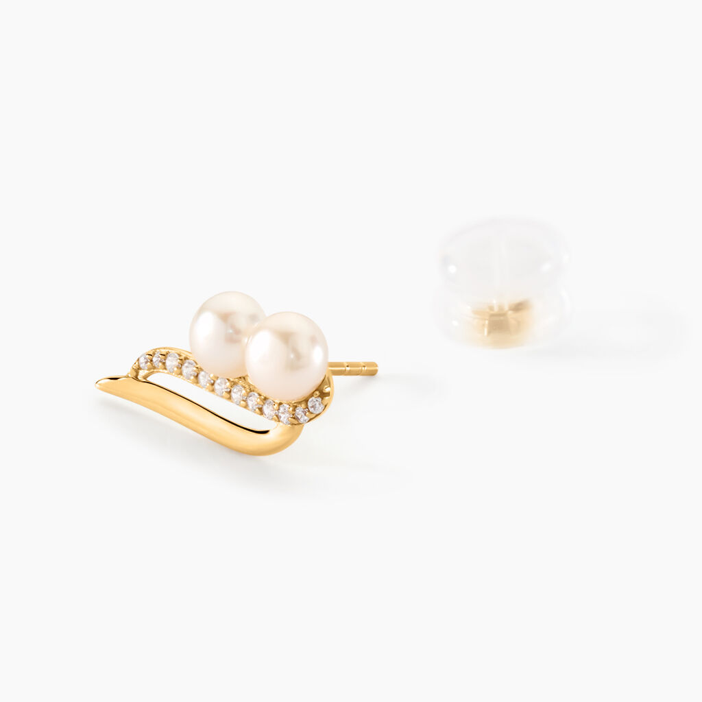 Boucles D'oreilles Puces Loeva Or Jaune Perle De Culture Et Oxyde - Clous d'oreilles Femme | Histoire d’Or