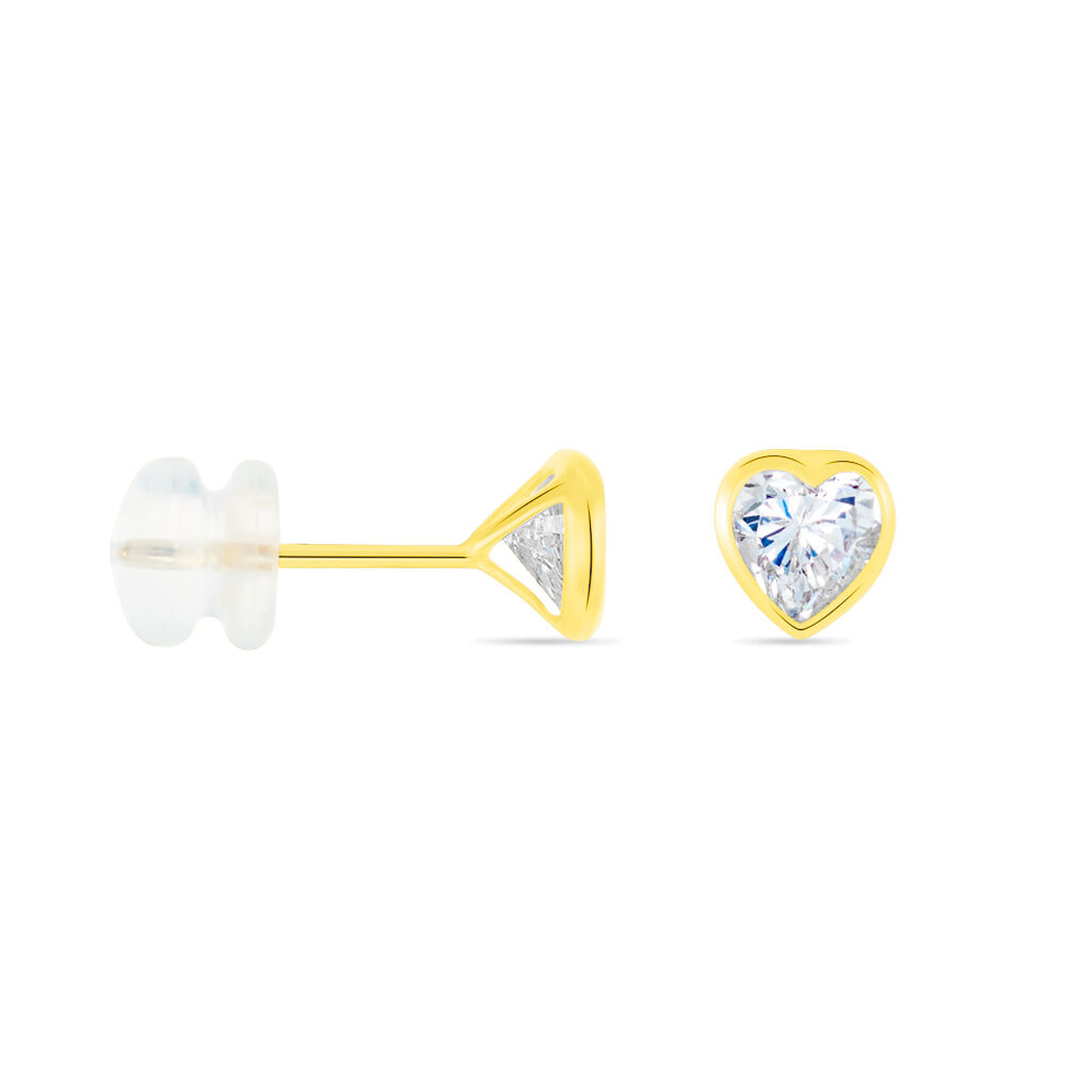 Boucles D'oreilles Puces Coeur Serti Clos Or Jaune Oxyde De Zirconium - Clous d'oreilles Femme | Histoire d’Or
