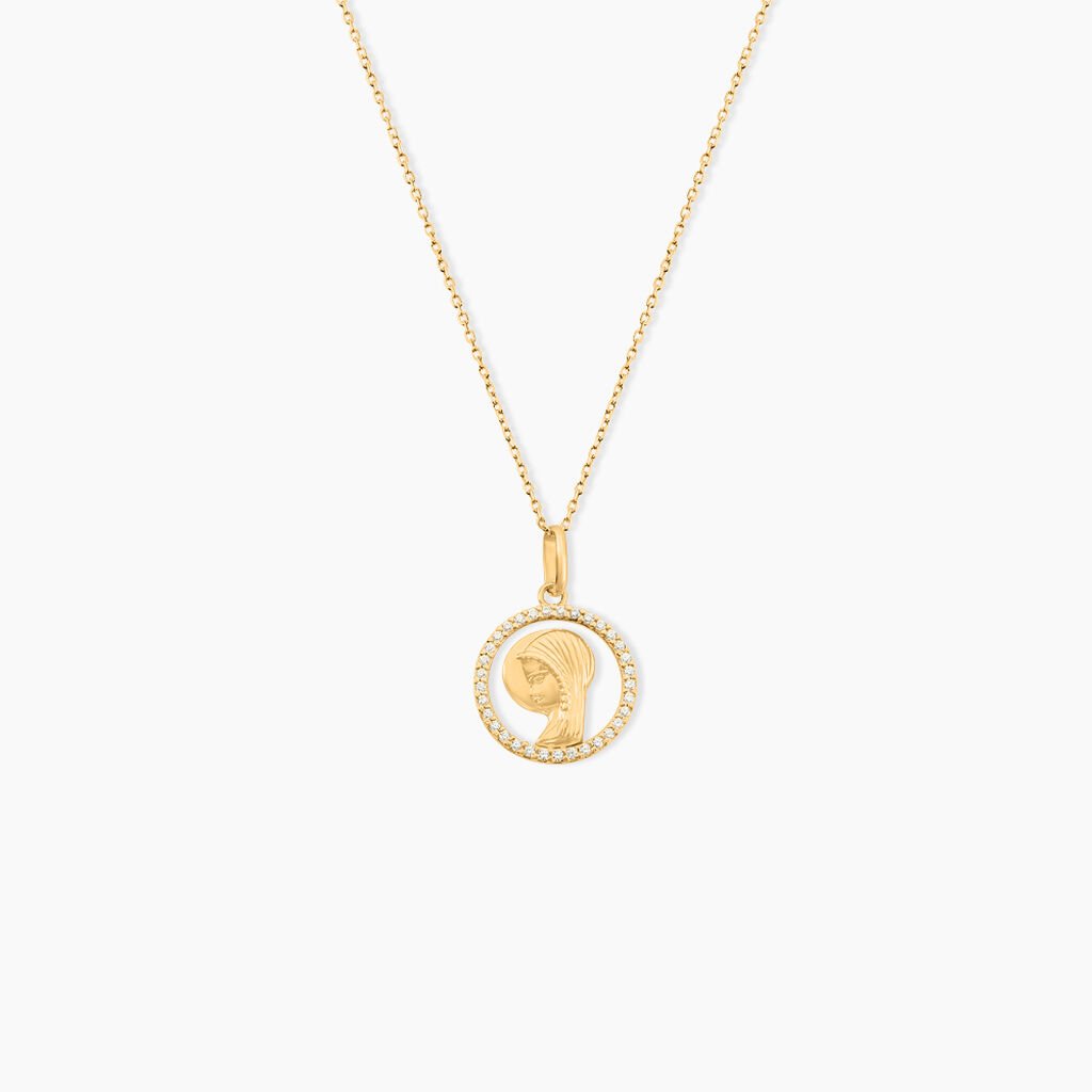 Pendentif Mary Vierge Rond Diamante Or Jaune Oxyde De Zirconium - Pendentifs Bapt&ecirc;me Famille | Histoire d&rsquo;Or