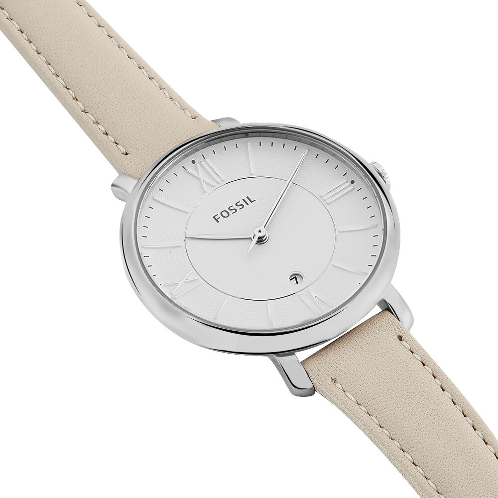 Montre Fossil - Jacqueline blanche et argentée avec bracelet en cuir beige  - Bijouteries Haubois