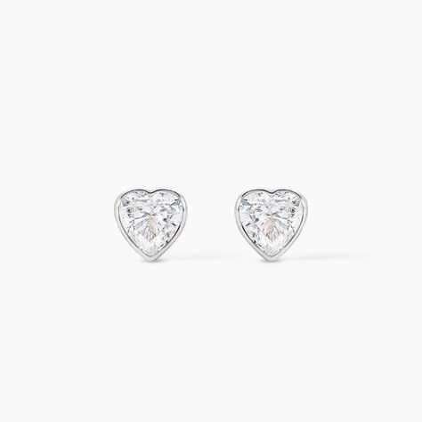 Boucles D'oreilles Puces Coeur Serti Clos Or Blanc Oxyde De Zirconium - Clous d'oreilles Femme | Histoire d&rsquo;Or