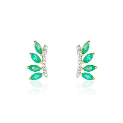 Boucles D'oreilles Puces Navette Or Jaune Emeraude Diamant - Clous d'oreilles Femme | Histoire d’Or