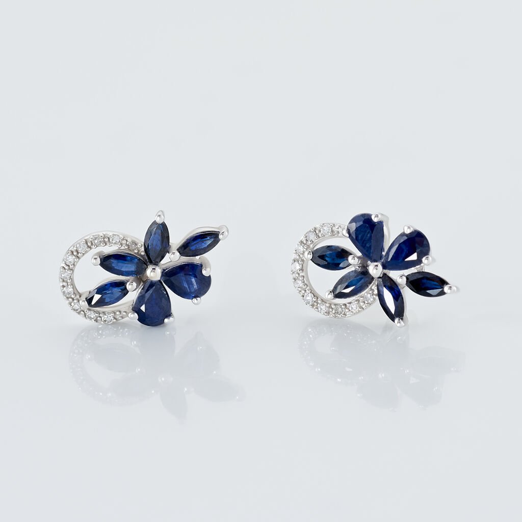 Boucles D'oreilles Puces Bouquet Or Blanc Saphir Et Diamant - Clous d'oreilles Femme | Histoire d&rsquo;Or