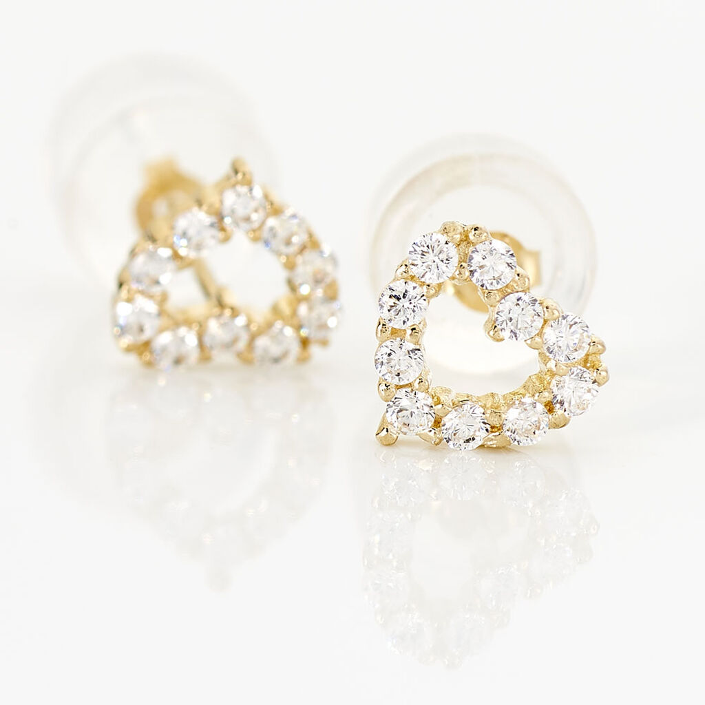 Boucles D'oreilles Puces Coeur Ajoure Or Jaune Oxyde De Zirconium - Clous d'oreilles Femme | Histoire d’Or
