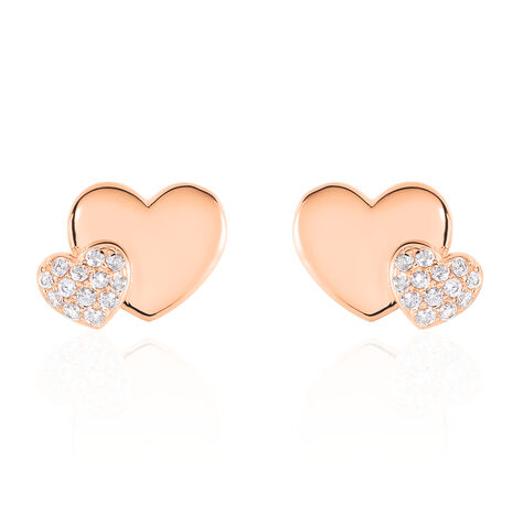 Boucles D'oreilles Puces Flamen Argent Rose Oxyde De Zirconium - Boucles d'Oreilles Coeur Femme | Histoire d’Or