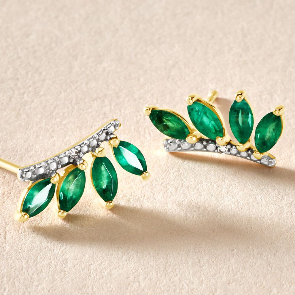 Boucles D'oreilles Puces Navette Or Jaune Emeraude Diamant - Clous d'oreilles Femme | Histoire d’Or