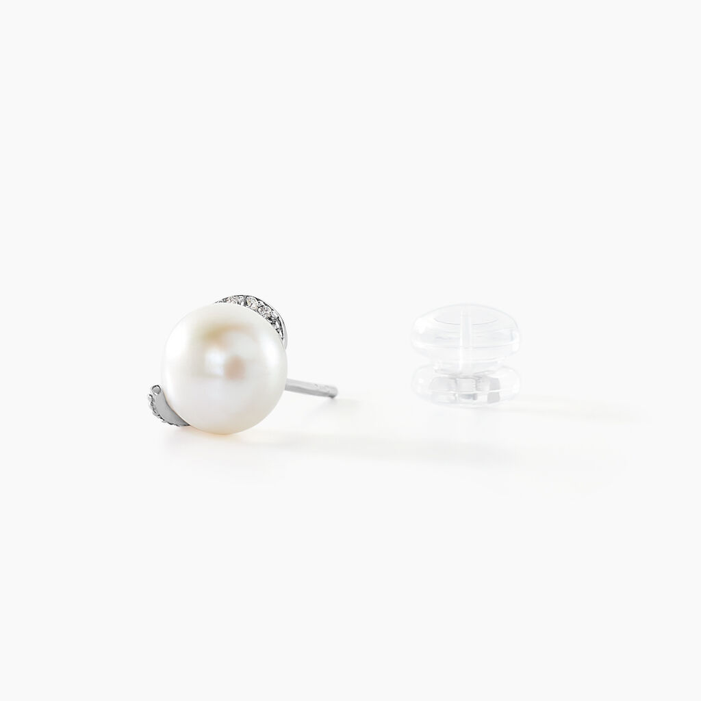 Boucles D'oreilles Puces Lucinda Or Blanc Perle De Culture Et Oxyde - Clous d'oreilles Femme | Histoire d’Or