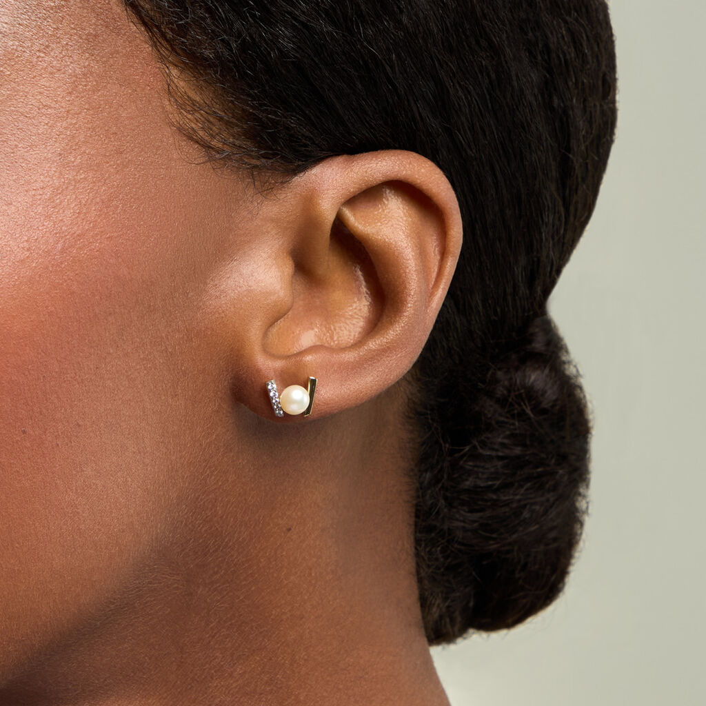 Boucles D'Oreilles Puces Pearly Argent Dor&eacute; A L'Or 750/1000 Perle De Culture Oxyde De Zirconium - Clous d'oreilles Femme | Histoire d&rsquo;Or