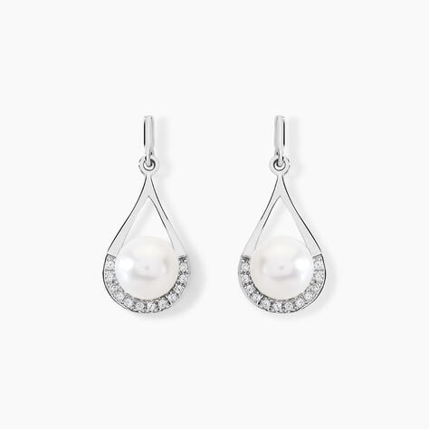Boucles D'oreilles Patricia Or Blanc Perle De Culture Oxyde - Boucles d'oreilles pendantes Femme | Histoire d&rsquo;Or