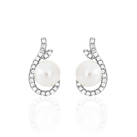 Boucles D'oreilles Puces Cyrana Argent Blanc Perle De Culture Et Oxyde - Boucles d'oreilles fantaisie Femme | Histoire d’Or