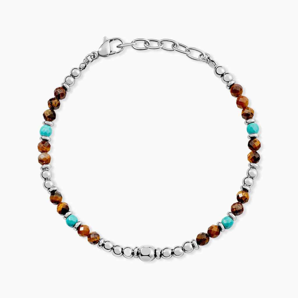 Bracelet Naturel Acier Blanc Oeil De Tigre Turquoise - F&ecirc;te des p&egrave;res Homme | Histoire d&rsquo;Or