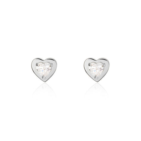 Boucles D'oreilles Puces Daria Coeur Plein Or Blanc Oxyde De Zirconium - Boucles d'Oreilles Coeur Femme | Histoire d’Or