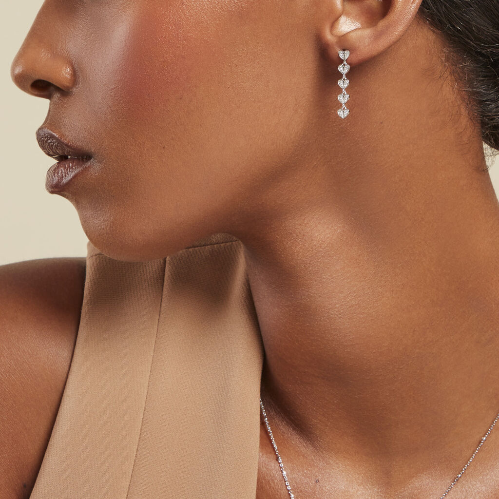 Boucles D'oreilles Dépareillées Declaration Argent Blanc Oxyde - Boucles d'Oreilles Coeur Femme | Histoire d’Or