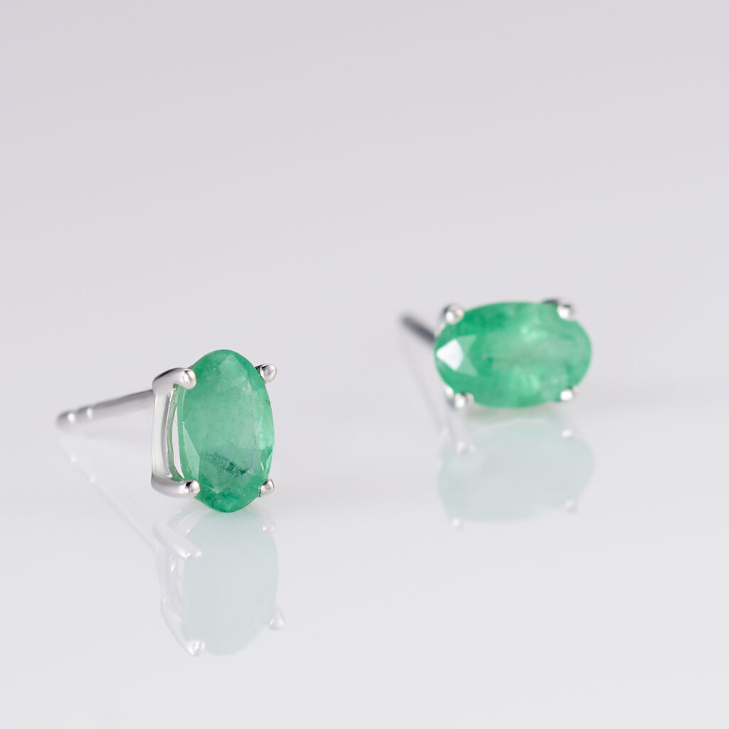 Boucles D'oreilles Puces Ovale Or Blanc Emeraude - Clous d'oreilles Femme | Histoire d’Or