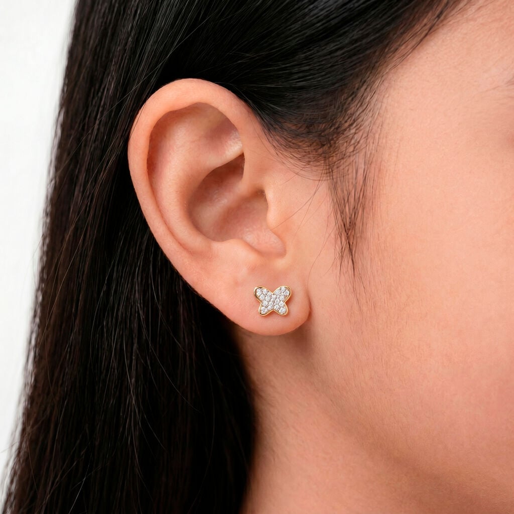 Boucles D'oreilles Puces Or Jaune Cercis Strass - Clous d'oreilles Enfant | Histoire d&rsquo;Or