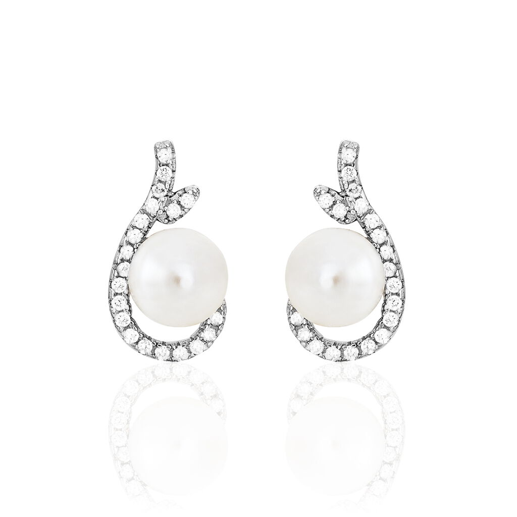 Boucles D'oreilles Puces Cyrana Argent Blanc Perle De Culture Et Oxyde - Boucles d'oreilles fantaisie Femme | Histoire d&rsquo;Or