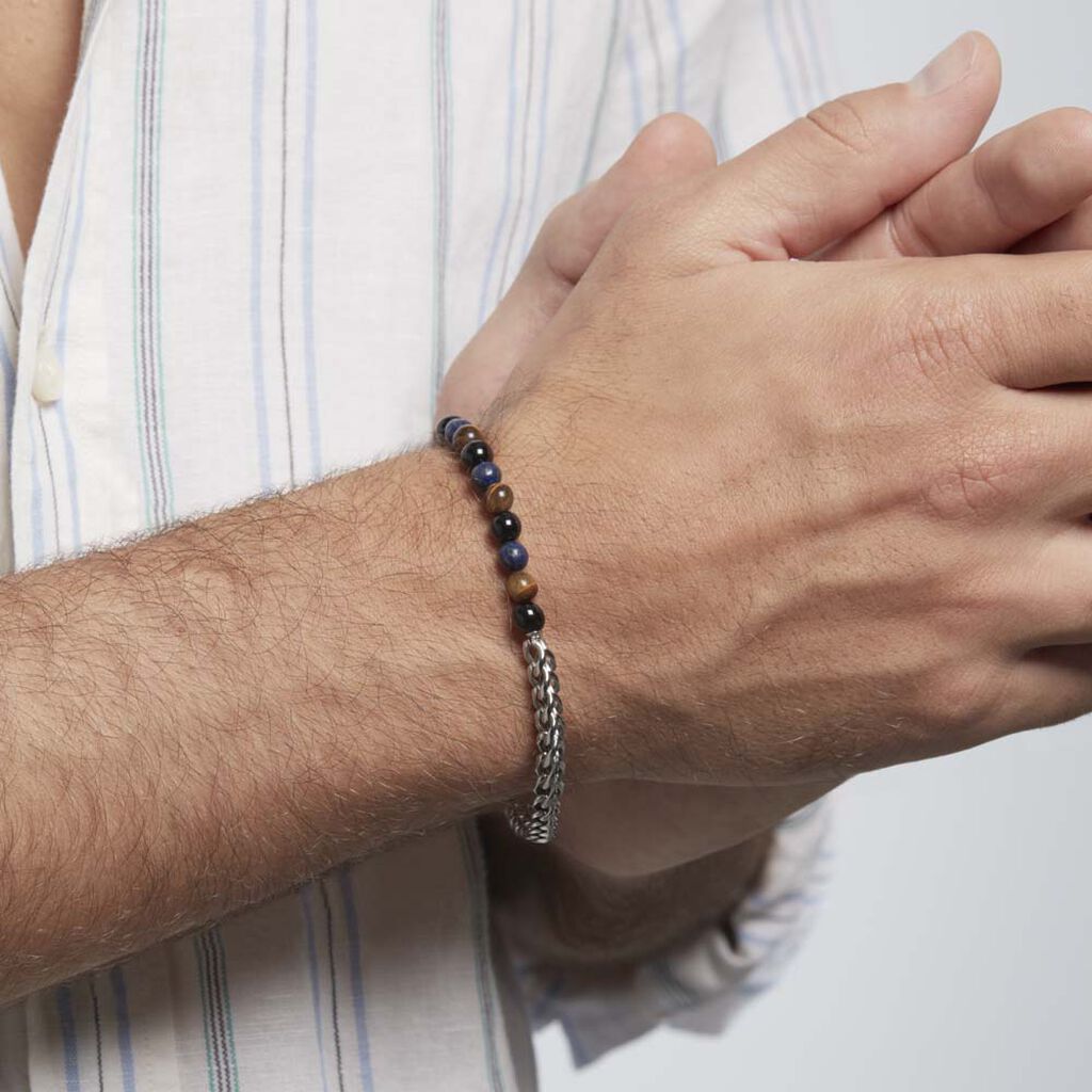 Bracelet Acier Blanc Calum œil De Tigre Onyx Agathe -  Homme | Histoire d’Or