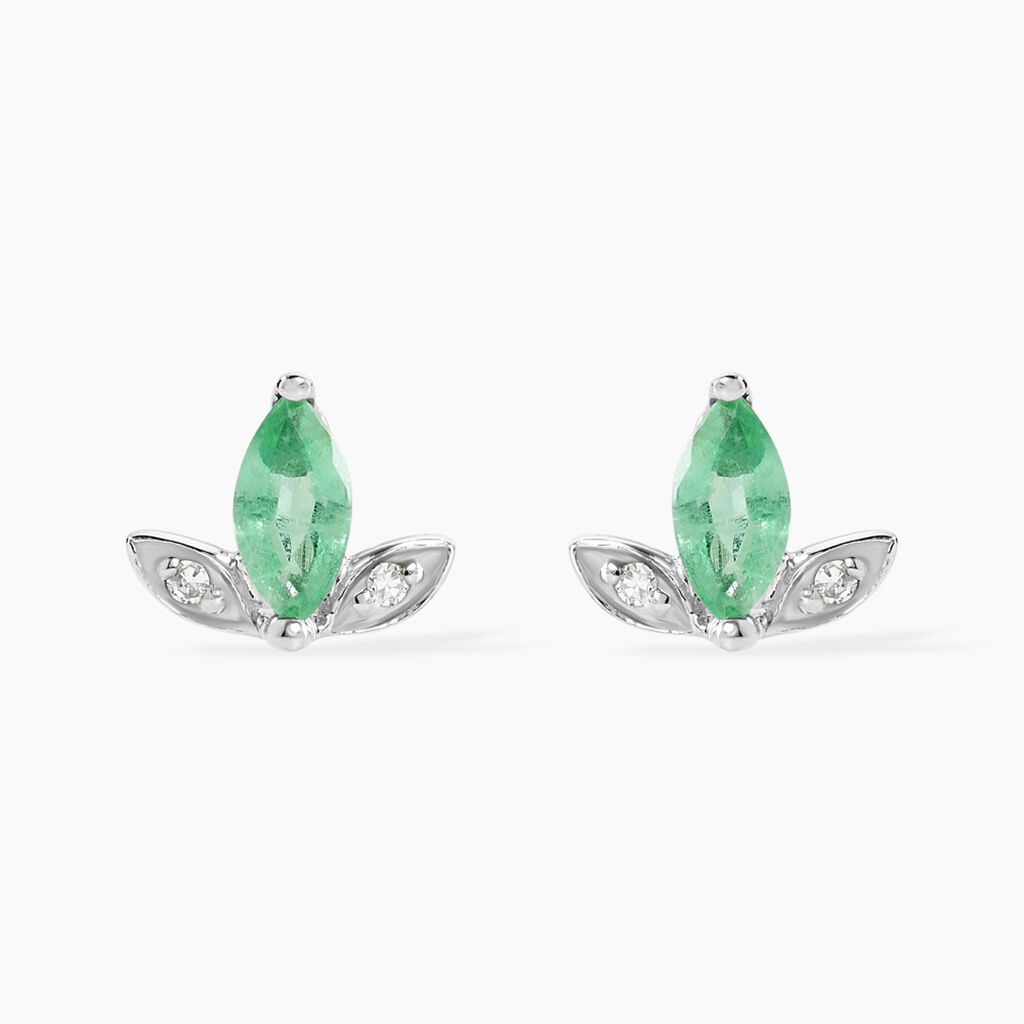 Boucles D'oreilles Puces Or Blanc Febe Emeraude Diamant - Clous d'oreilles Femme | Histoire d&rsquo;Or
