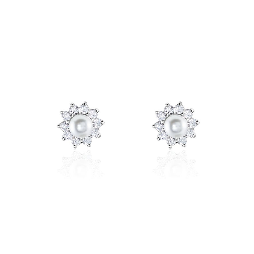 Boucles D'oreilles Puces Argent Blanc Cheri Perle De Culture Oxydes - Boucles d'oreilles fantaisie Femme | Histoire d’Or