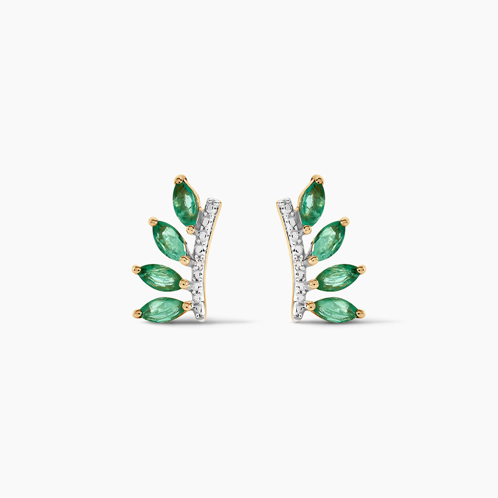 Boucles D'oreilles Puces Navette Or Jaune Emeraude Diamant - Clous d'oreilles Femme | Histoire d&rsquo;Or