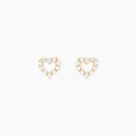 Boucles D'oreilles Puces Coeur Ajoure Or Jaune Oxyde De Zirconium - Clous d'oreilles Femme | Histoire d’Or