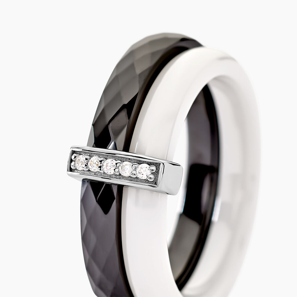 Bague Barette Bicolore Ceramique Argent Blanc Oxyde De Zirconium - Bagues avec pierre Femme | Histoire d&rsquo;Or
