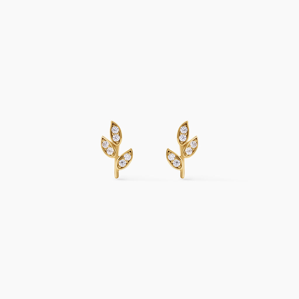 Boucles D'Oreilles Puces Edia Feuille Argent Dor&eacute; A L'Or 750/1000 Oxyde De Zirconium - Boucles d'oreilles fantaisie Enfant | Histoire d&rsquo;Or