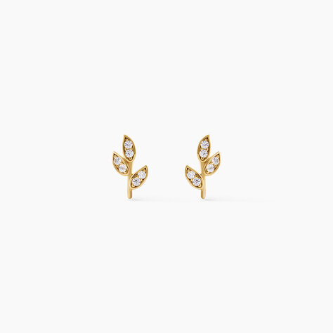 Boucles D'Oreilles Puces Edia Feuille Argent Dor&eacute; A L'Or 750/1000 Oxyde De Zirconium - Boucles d'oreilles fantaisie Enfant | Histoire d&rsquo;Or