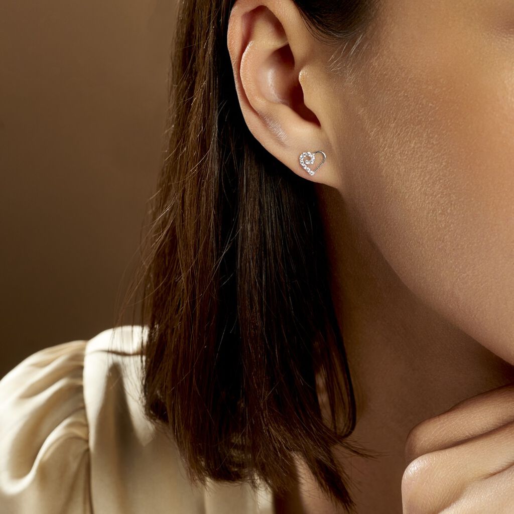 Boucles D'oreilles Puces Daria Cœur Or Blanc Oxyde De Zirconium - Clous d'oreilles Femme | Histoire d’Or