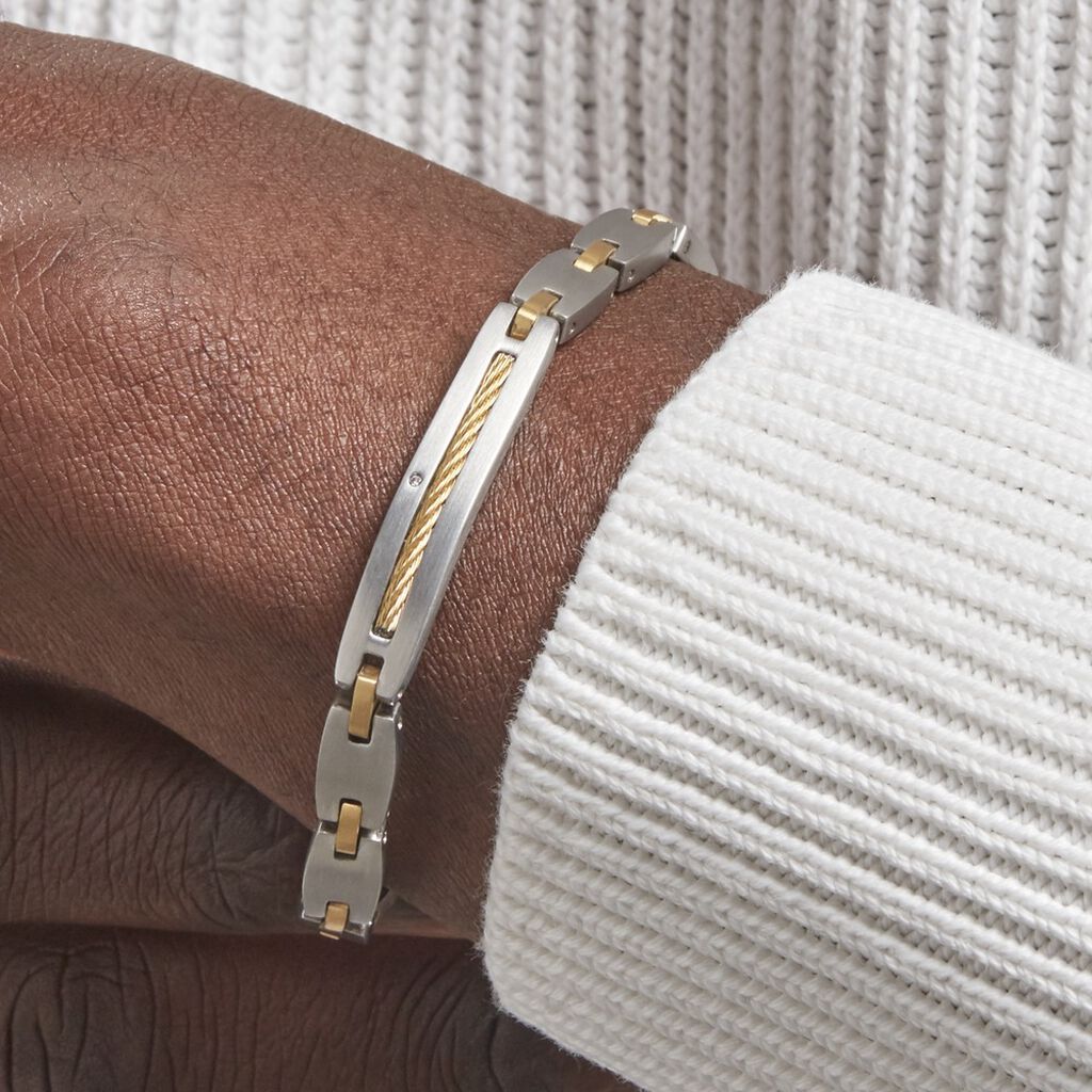 Bracelet Acier Blanc Et Plaqué Or Tiago Diamant - Bracelets Homme | Histoire d’Or