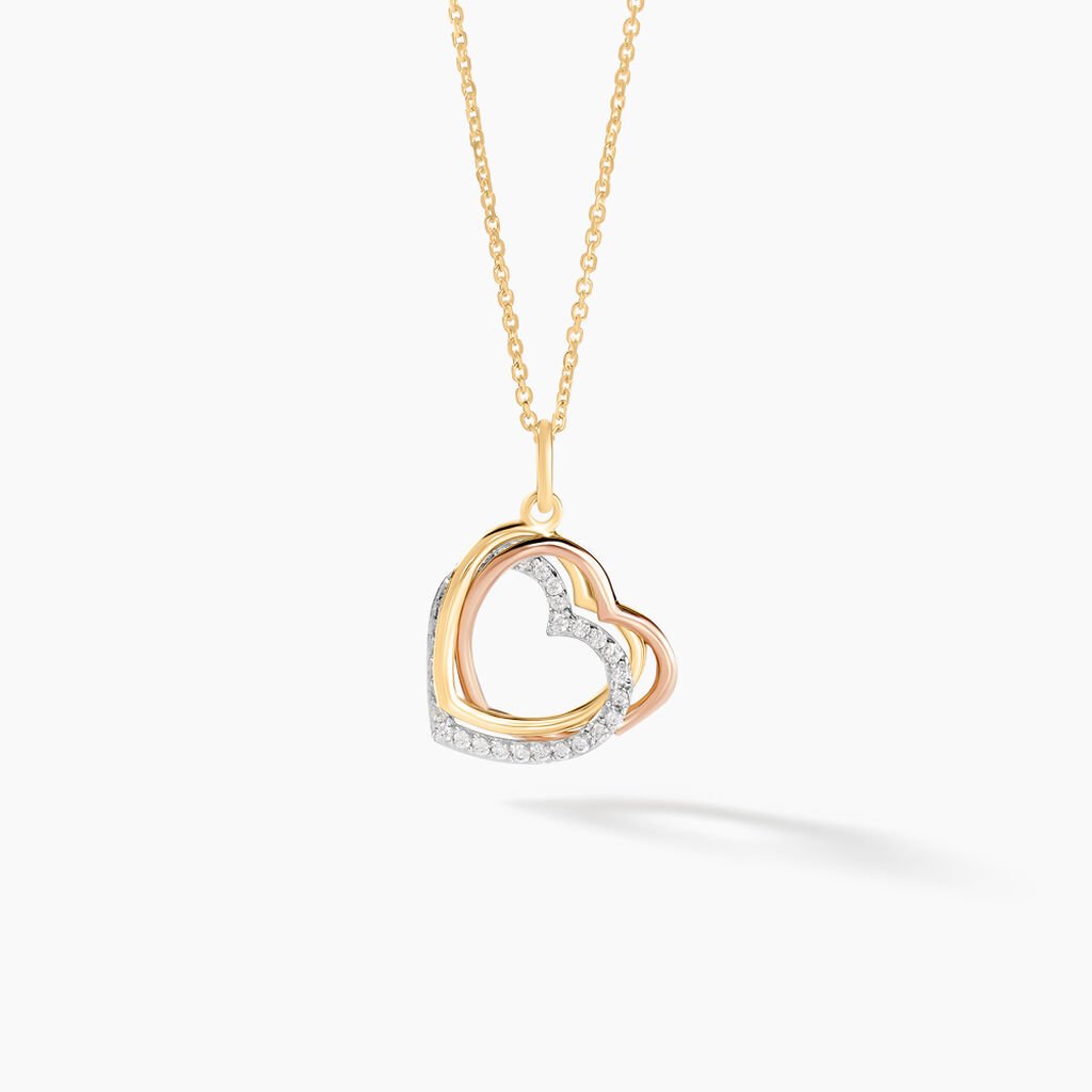 Pendentif Coeur Penche Double Or Tricolore Oxyde De Zirconium - Pendentifs Femme | Histoire d&rsquo;Or